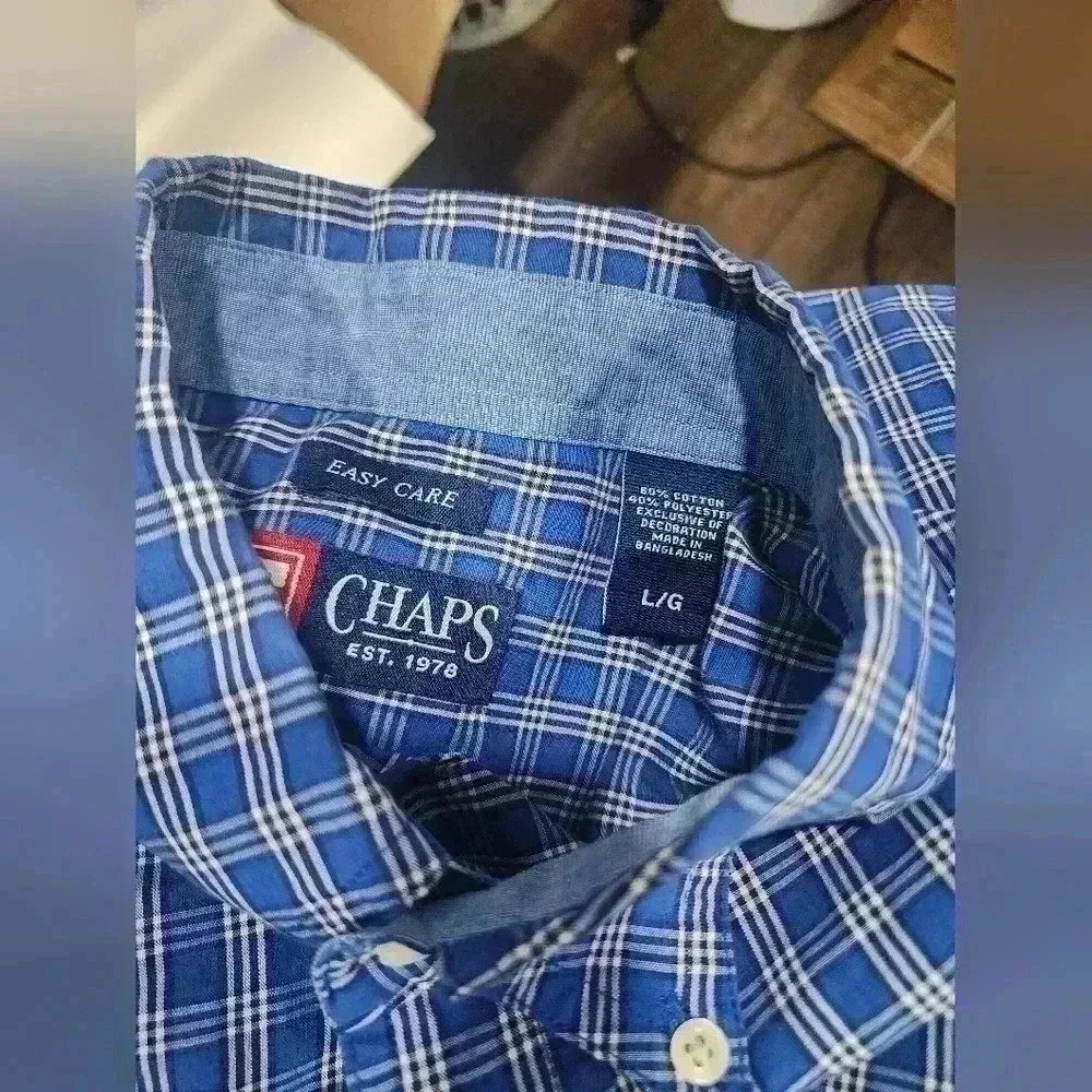 CHAPS Men's Large Button Down Shirt Long Sleeve Blue/White Cotton Easy Care - Picture 4 of 4